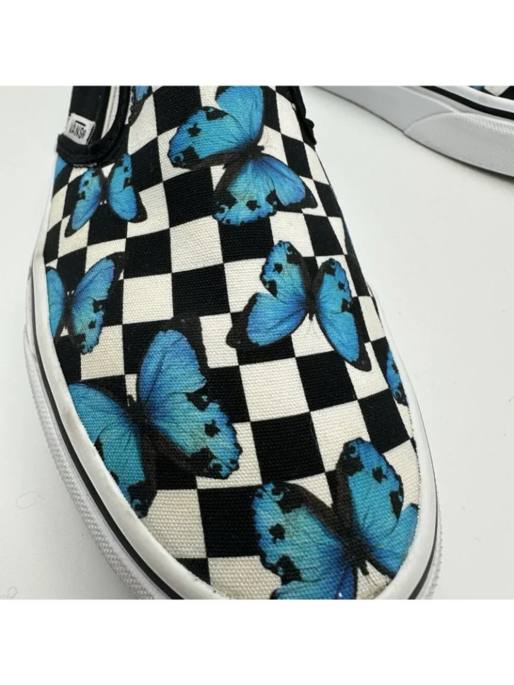 Vans Women 7 Classic Slip On Sneakers Butterfly Checkerboard Black Blue Skate